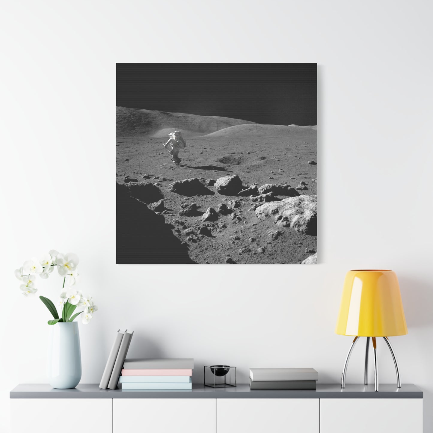 Astronaut Moon Landing Canvas Print - Black and White Wall Art